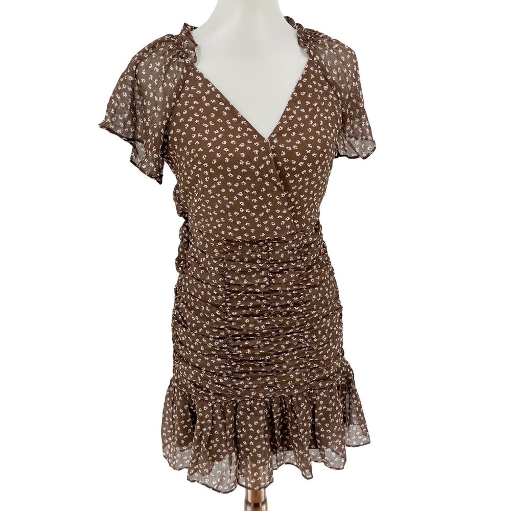 Promesa Brown Floral Ruched Chiffon Mini Dress S Short Sleeve Elastic Back Waist